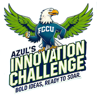 Azul The Eagle standing on top of the Azul's Innovation Challenge logo