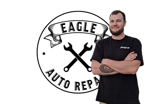 Corey Umstott and logo for his business Eagle Auto Repair